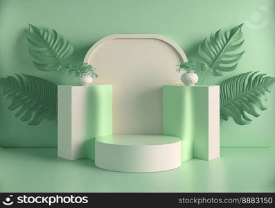 3d realistic illustration of pastel green podium with leaf around for product promotion