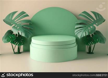 3d realistic illustration of pastel green podium with leaf around for product showcase