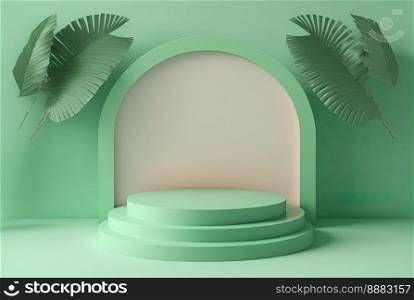 3d realistic illustration of pastel green podium with leaf around for product stage
