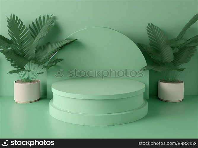 3d realistic illustration of pastel green podium with leaves around for product display