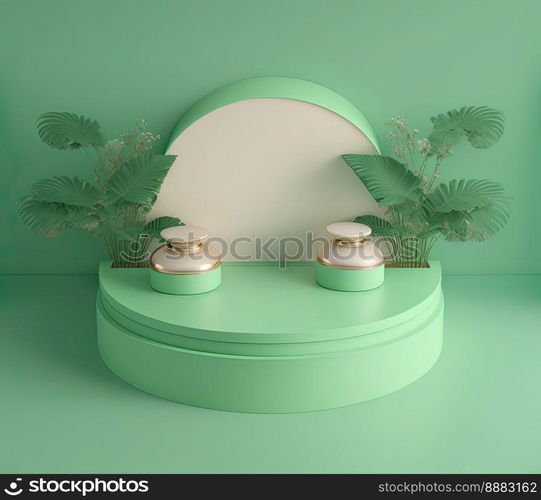 3d realistic illustration of pastel green podium with leaves around for product presentation