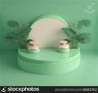 3d realistic illustration of pastel green podium with leaves around for product presentation