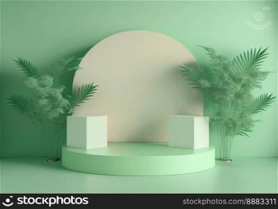 3d realistic illustration of pastel green podium with leaves around for product scene