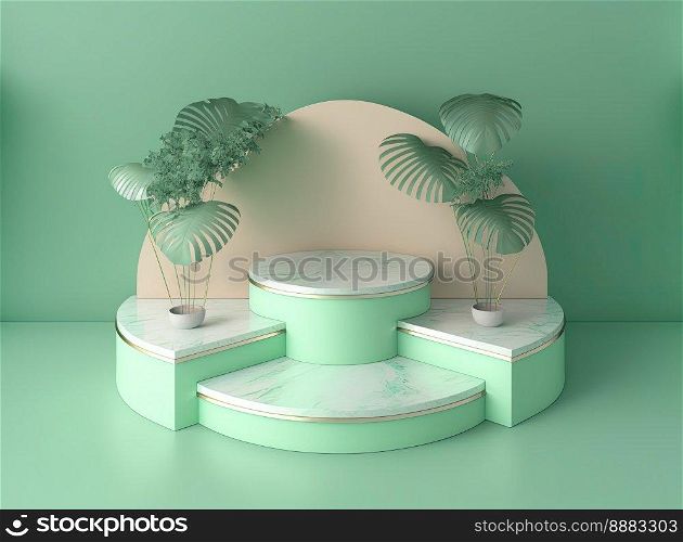 3d realistic illustration of pastel green podium with leaves around for product showcase