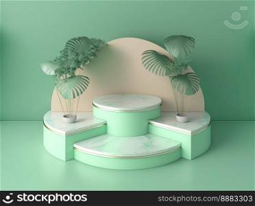 3d realistic illustration of pastel green podium with leaves around for product showcase