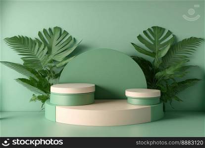 3d realistic illustration of pastel green podium with leaves around for product stage
