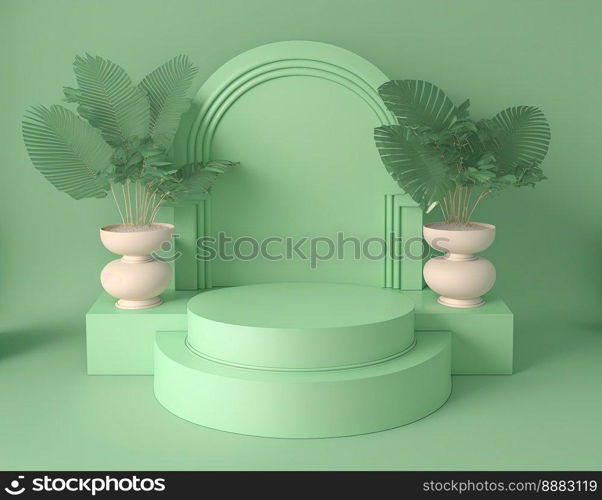 3d realistic illustration of pastel green podium with leaves around for product stand