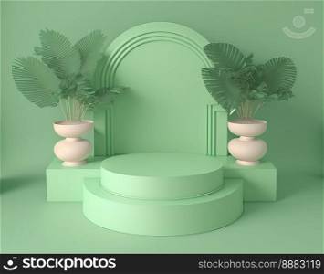 3d realistic illustration of pastel green podium with leaves around for product stand