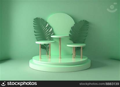 3d realistic illustration of soft green podium with leaf around for product display