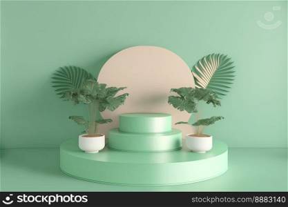3d realistic illustration of soft green podium with leaf around for product presentation