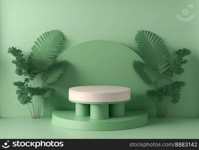 3d realistic illustration of soft green podium with leaf around for product promotion