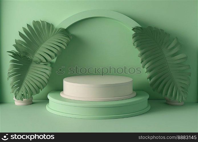 3d realistic illustration of soft green podium with leaf around for product scene