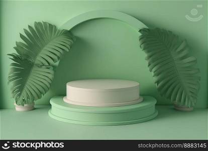 3d realistic illustration of soft green podium with leaf around for product scene