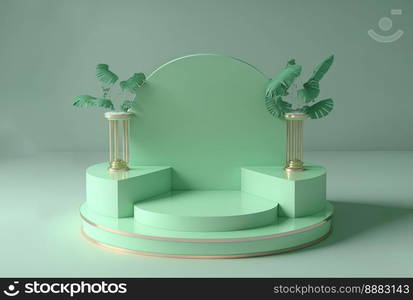 3d realistic illustration of soft green podium with leaf around for product showcase