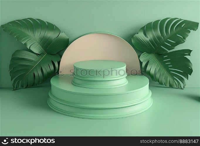 3d realistic illustration of soft green podium with leaf around for product stage