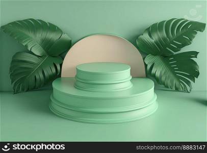 3d realistic illustration of soft green podium with leaf around for product stage