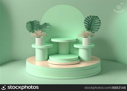 3d realistic illustration of soft green podium with leaf around for product stand