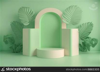3d realistic illustration of soft green podium with leaves around for product display