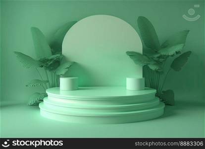 3d realistic illustration of soft green podium with leaves around for product presentation