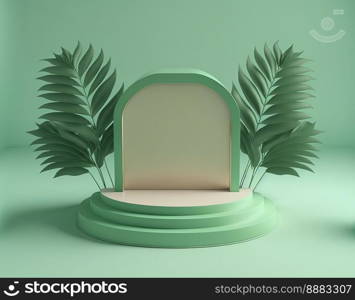 3d realistic illustration of soft green podium with leaves around for product promotion