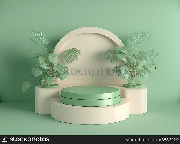 3d realistic illustration of soft green podium with leaves around for product stand