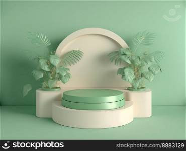 3d realistic illustration of soft green podium with leaves around for product stand