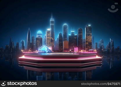 3D realistic neon light podium with cityscape backdrop is a perfect illustration for modern technology concepts. It can be used as a product display mockup, showroom showcase, Generative AI