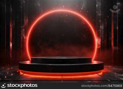 3D realistic photo shows a black podium with a red≠onˆ≤in the midd≤. The podium is surrounded by smoke and partic≤s, Ge≠rative AI
