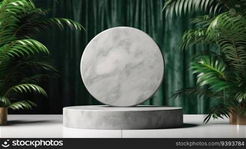 3D realistic, white products podium background with leaf and arch backdrop. Marble podium. Product presentation, mock up, show cosmetic product.
