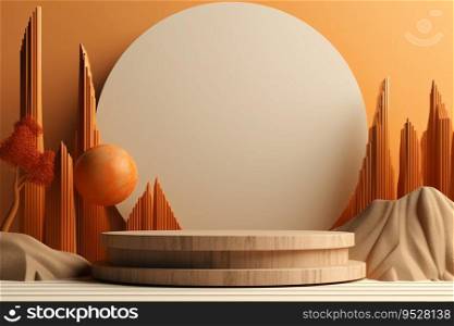 3D realistic wood podium with geometric elements on an orange background is a modern and minimalist way to display products. Generative AI