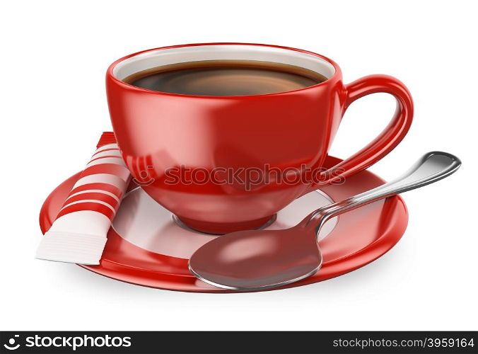 3d red cup of coffee with sugar and spoon. Isolated white background.