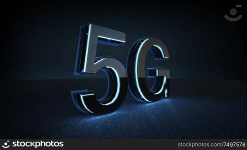 3D Render 5G futuristic font with blue neon light . Mobile network speed communication technology concept .