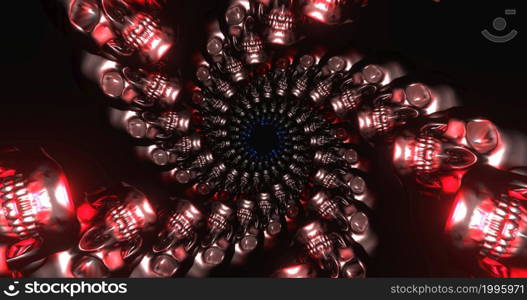 3d render Abstract art of surreal halloween composition with metal aluminium skulls. Tunnel shiny skulls. Abstract digital illustration for concept design. 3d render Abstract art of surreal halloween composition with metal aluminium skulls