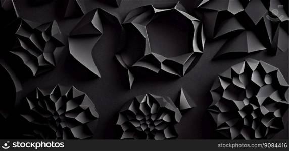 3d render, abstract black crystal background, faceted texture. Horizontal panoramic polygonal wallpaper. Ai generative illustration. . 3d render, abstract black crystal background, faceted texture. Horizontal panoramic polygonal wallpaper. Ai generative. 