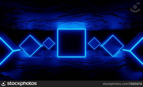 3d render, abstract fashion background, blue glowing neon cubes. Performance stage decorations. 3d render, abstract fashion background, blue glowing neon cubes