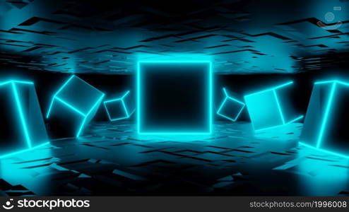 3d render, abstract fashion background, blue glowing neon cubes. Performance stage decorations. 3d render, abstract fashion background, blue glowing neon cubes