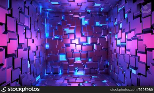 3d render, abstract fashion background, blue purple glowing neon cubes. Performance stage decorations. 3d render, abstract fashion background, blue purple glowing neon cubes