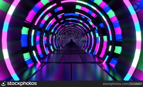 3d render. Abstract futuristic geometric background with lines, glow. Glowing triangular frame long tunnel, ultraviolet neon light. Abstract interior sci-fi spaceship corridors, virtual reality space. Abstract futuristic geometric background with lines, glow. Glowing triangular frame long tunnel