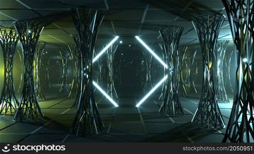 3D render. Abstract futuristic geometric background with particle motion and neon frame in a cyber space. Abstract interior sci-fi spaceship corridors, virtual reality space. 3D render. Abstract futuristic geometric background with particle motion and neon frame in a cyber space