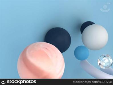 3d render, abstract geometric background, multicolored balls, balloons, primitive shapes, minimalistic design.
