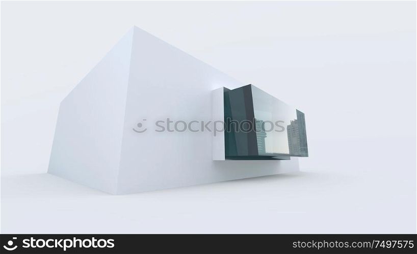 3d Render abstract high key small white box shape tiny house with glass window .