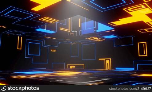 3D Render. Abstract interior sci-fi spaceship corridor with blue neon glowing tube lights reflections. Futuristic design spaceship interior background. 3D Render. Abstract interior sci-fi spaceship corridor with blue neon glowing tube lights reflections