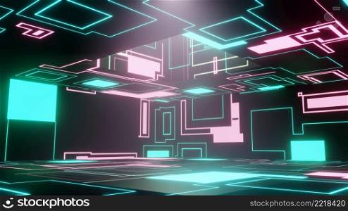3D Render. Abstract interior sci-fi spaceship corridor with blue neon glowing tube lights reflections. Futuristic design spaceship interior background. 3D Render. Abstract interior sci-fi spaceship corridor with blue neon glowing tube lights reflections