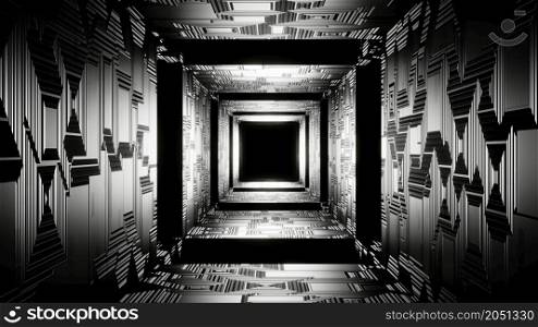 3D Render. Abstract interior sci-fi spaceship corridor with neon glowing tube lights reflections. Futuristic design spaceship interior in grey background. 3D Render. animation. Abstract Futuristic design interior sci-fi spaceship corridor