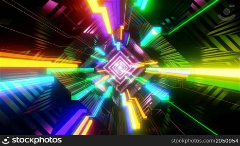 3D Render. Abstract neon lines move in space. Background for music videos, night clubs, audiovisual show and performance, LED screens and projection mapping. 3D Render. Abstract neon lines move in space. Futuristic background. Neon traffic