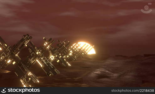 3D Render. Abstract Sci Fi Alien Terrain Background with Sunset. Stylized vintage cyberpunk , Digital landscape in a cyber world. 3D Render. Abstract Sci Fi Alien Terrain Background with Sunset. Cyberpunk, Cyber world