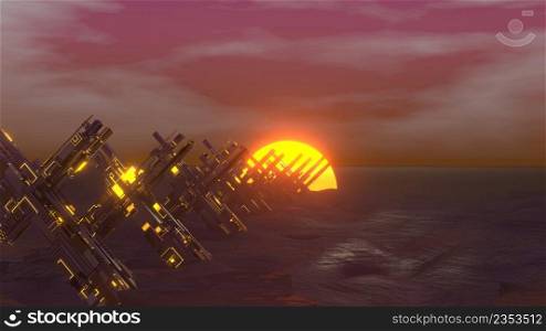 3D Render. Abstract Sci Fi Alien Terrain Background with Sunset. Stylized vintage cyberpunk , Digital landscape in a cyber world. 3D Render. Abstract Sci Fi Alien Terrain Background with Sunset. Cyberpunk, Cyber world