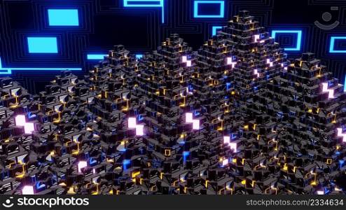 3D Render. Abstract technology big data background concept. Motion of digital data flow. Transferring of big data. Transfer and storage of data sets , block chain, server, hi-speed internet. 3D Render. Abstract futuristic geometric shapes background. Cyberpunk