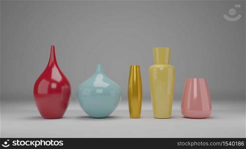 3D render, autumn multi-color vases for floral bouquet for decoration