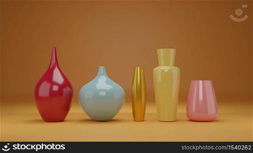 3D render, autumn themed multi-color vases for floral bouquet for decoration with fall color background